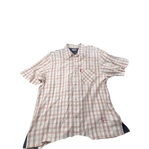 GUESS Mens XXL Plaid Short Sleeve Button Up Shirt Red Beige Casual Top